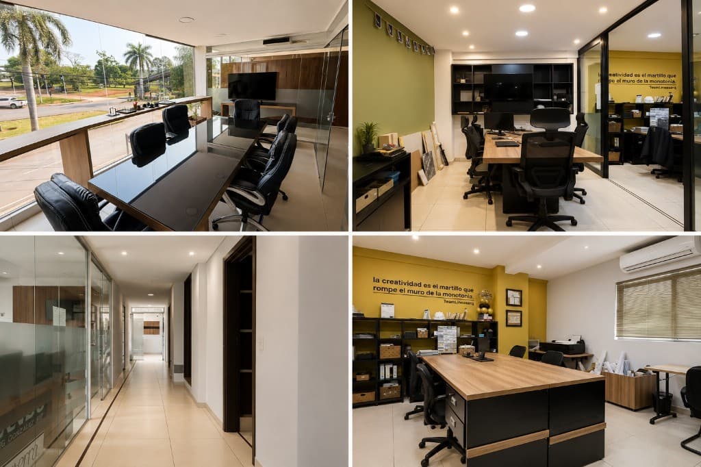 Infraestructura de RAZA CoWork: sala de reuniones, espacios de trabajo, pasillo de oficinas y área de administración