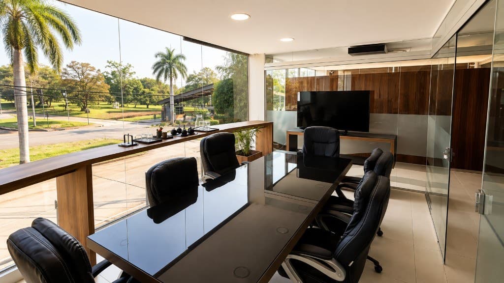 Sala de reuniones de RAZA CoWork en Hernandarias: mesa de trabajo, sillas ejecutivas y ventanal al entorno del Paraná Country Club